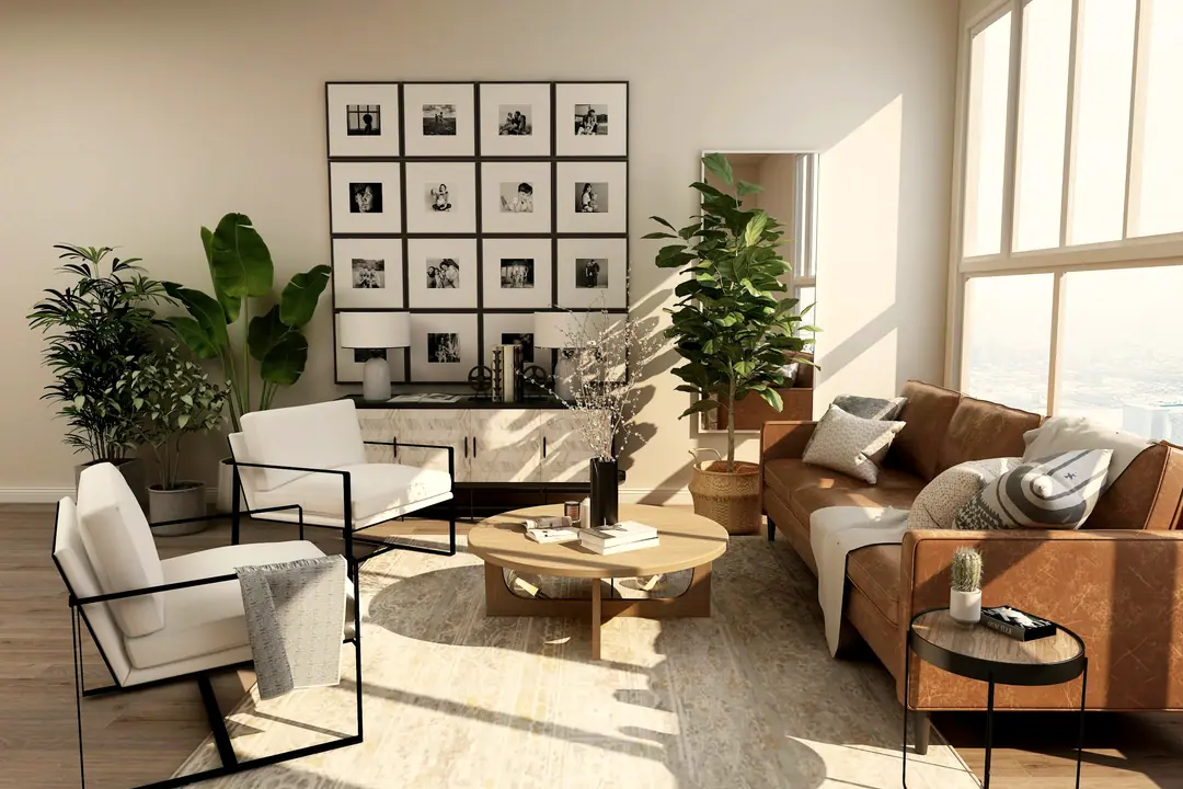 Salón con sofá de piel y mucha luz