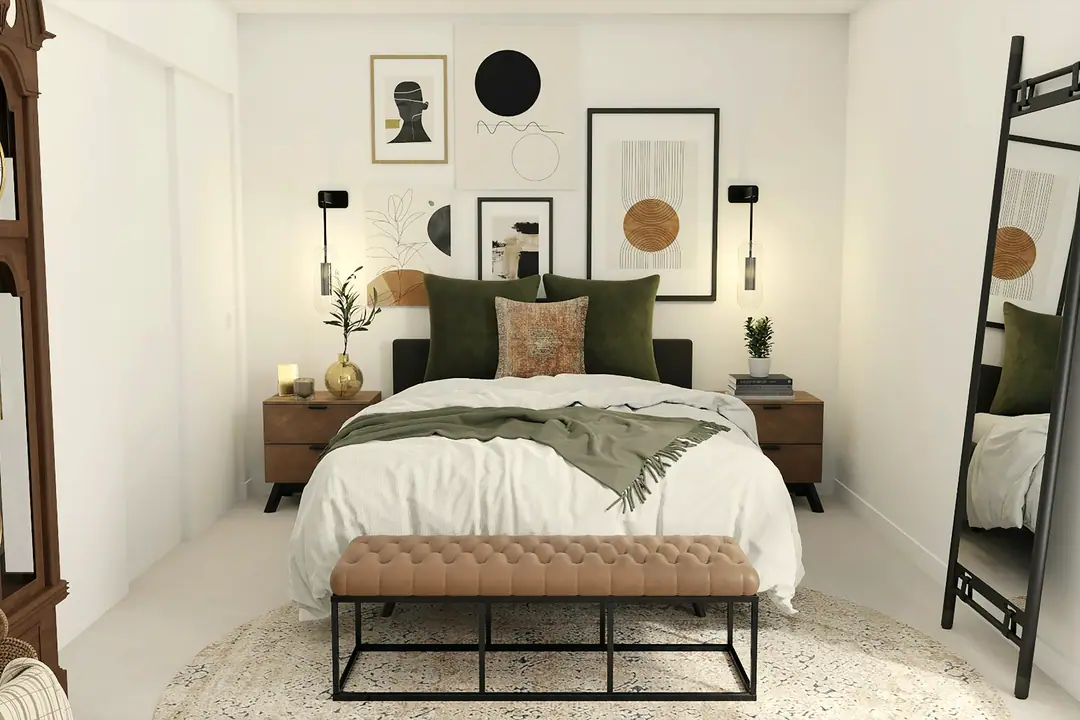 Dormitorio con cojines verdes y banco