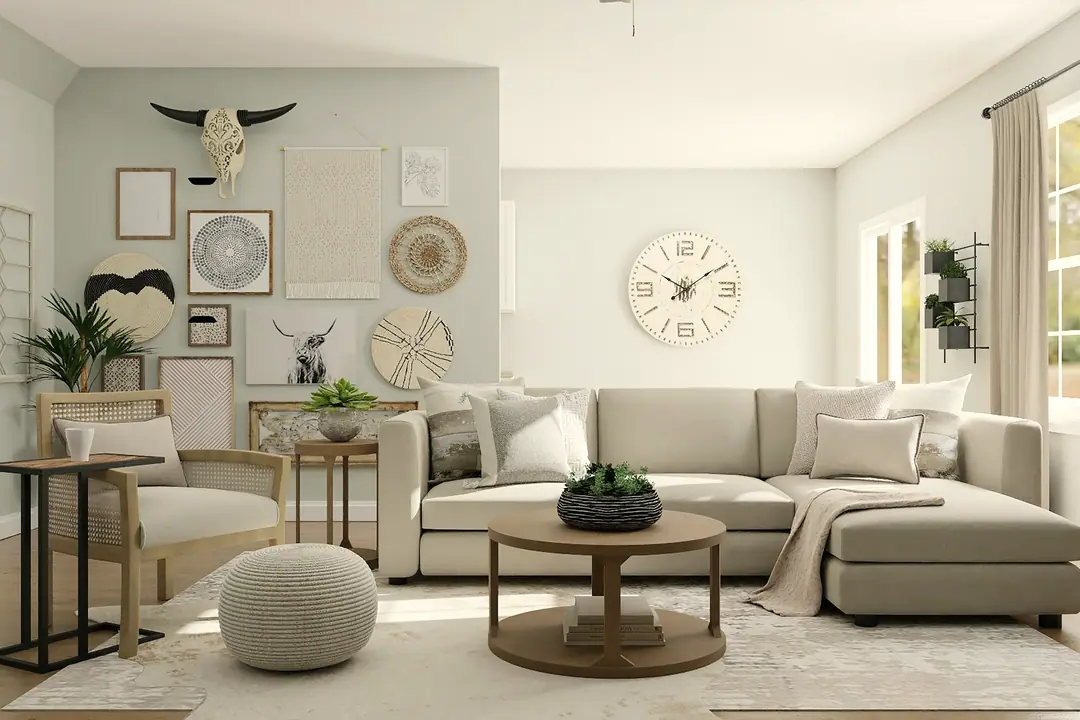 Salón luminoso con sofá claro (recreación de interiores)