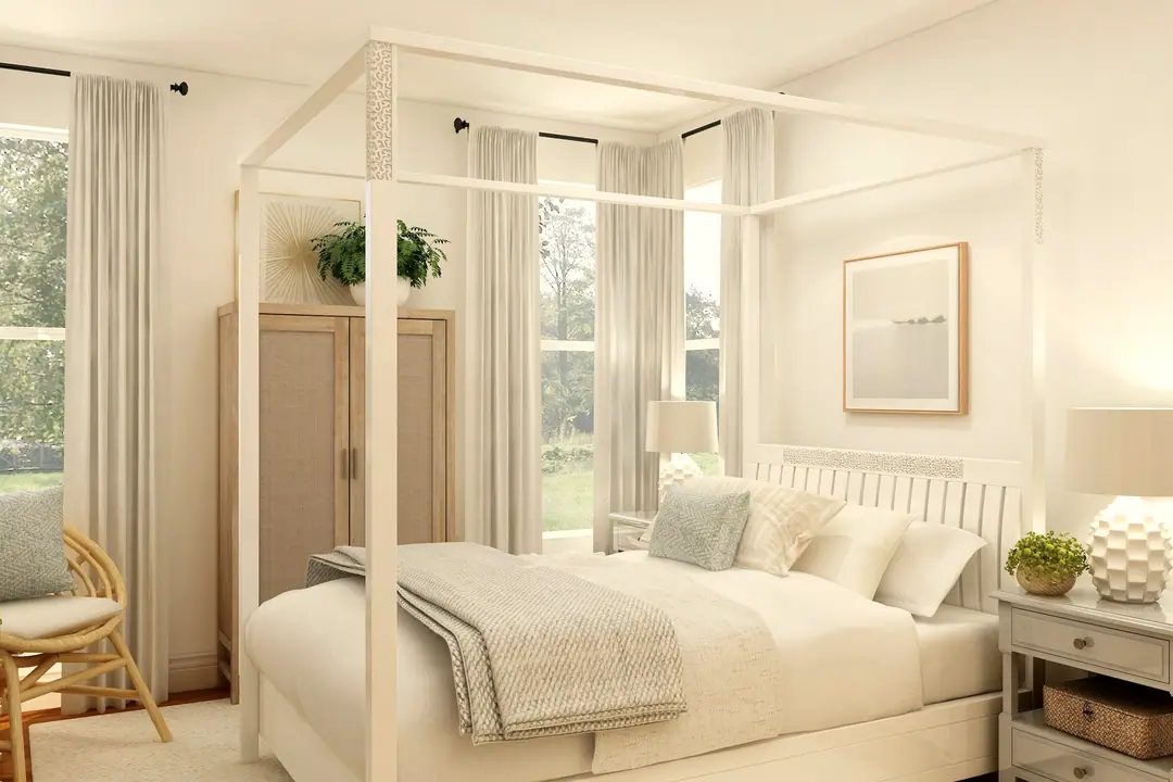 Dormitorio con cama de madera clara